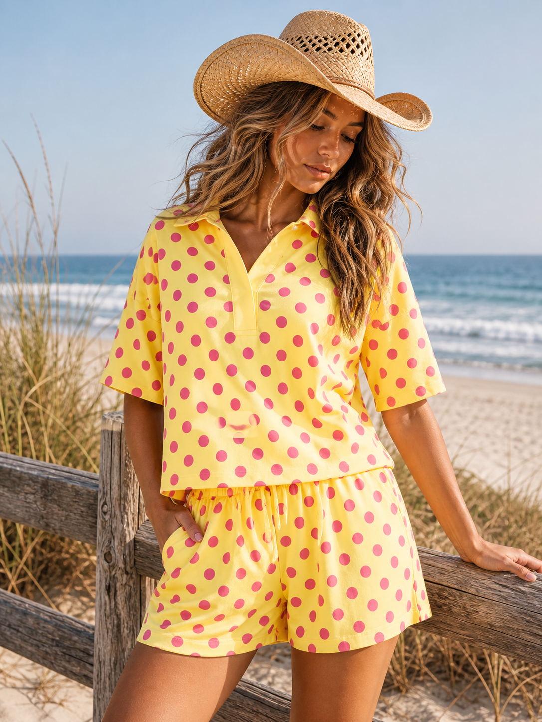 Pink Lemonade Polka Dot Shorts Set